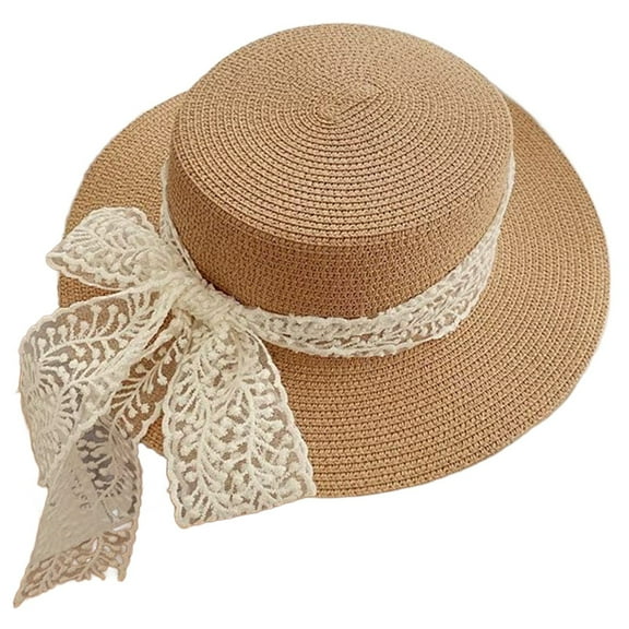 FUZHIQ Women Flat Top Straw Boater with Bow Hat UPF 50 UV Protection Sun Hat, Breathable Summer Cap for Beach Outdoor Daily Wear,One Size