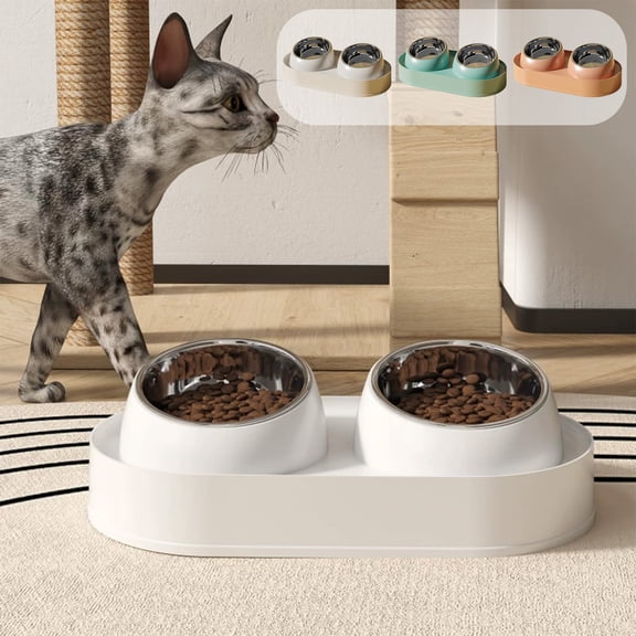 Pet Bowls Dog Bowls Cat Bowls Stainless Steel Double Bowl 10 Degree Tilted Neck Protection Non Tip Food and Water Integrated Feeder for Kittens Cats Dogs Indoor by PALIFEUR