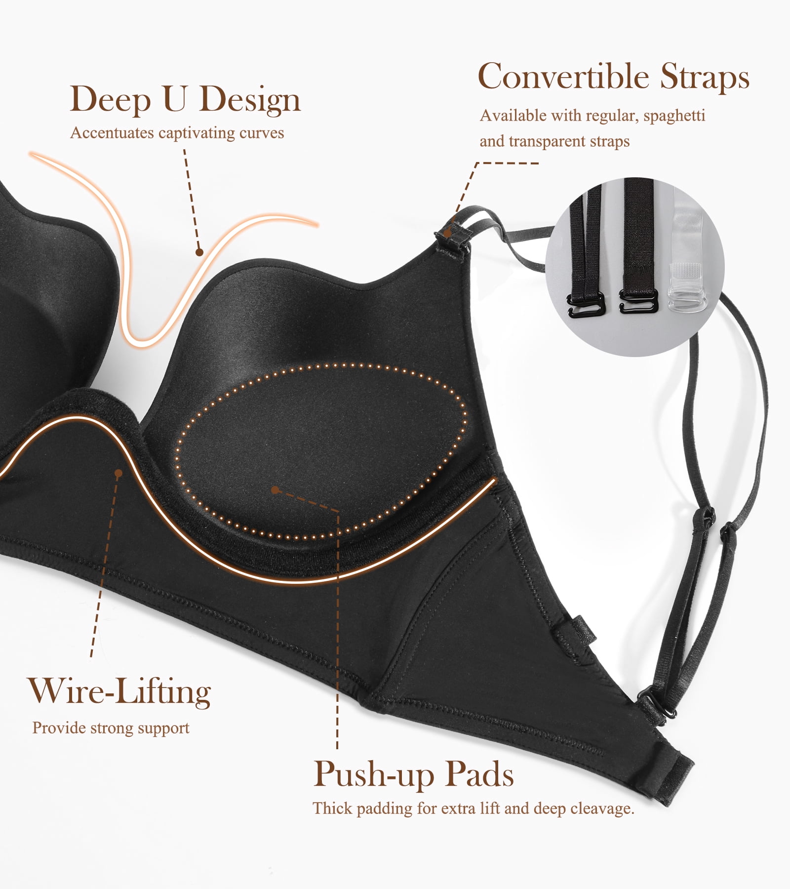 Exerin Women's Plunge Backless Bra Underwire Push Up Padded Multiway Low Back Bras(34A,Black)