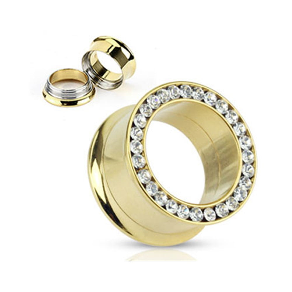 Pair Of Gold Tone Threaded Tunnels With Jeweled Rim,Gauge (Thickness)2