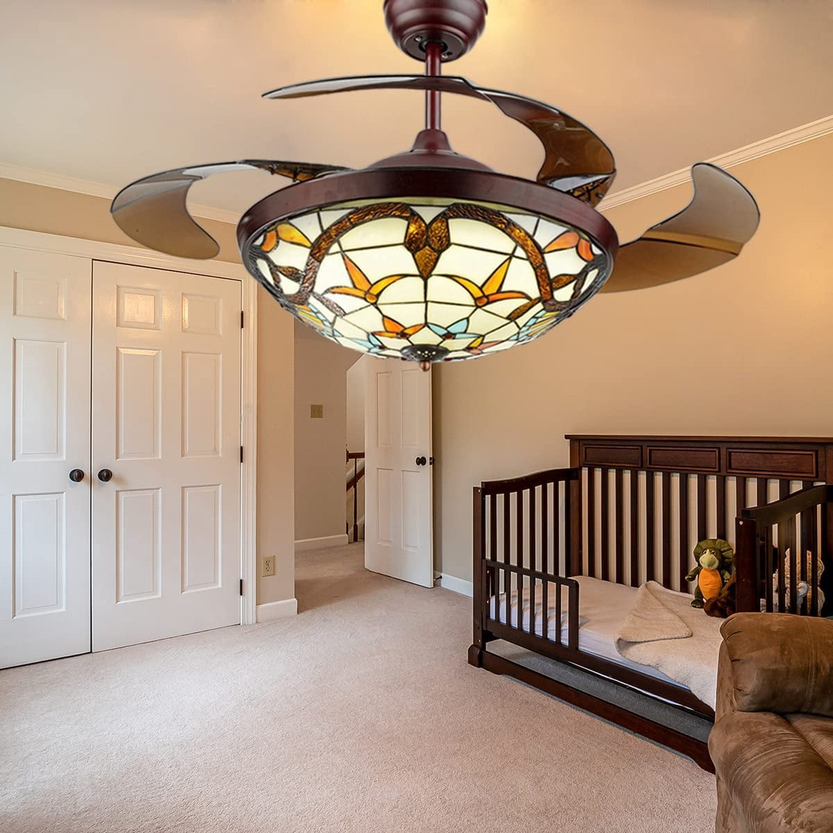 AFANQI 42” Tiffany Style Ceiling Fan with Light, Remote Control Classic LED Chandelier Retractable Blades 3 Light Changes Fandelier Lighting Fixture with Craft-Made Colorful Glass Lamp