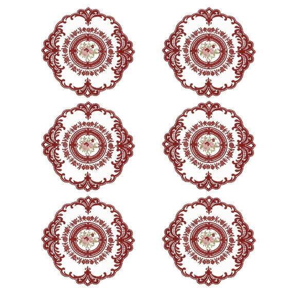 6 Pack Retro Lace Placemats Crochet Cup Vase Table Mat, Wine Red