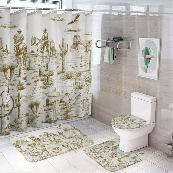 Vintage Western Cowboy Shower Curtain Sets 4 Piece,Rustic Farmhouse Wild West Desert Cowboy Horse Bathroom Decor Sets with Rugs Include Waterproof Non-Slip Toilet Lid Cover Bath Mat