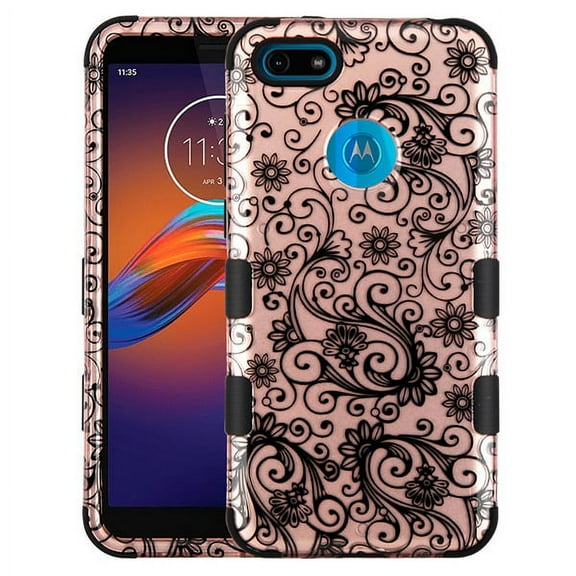 Motorola Moto E6 PLAY Phone Case Hybrid Armor [Military Grade] Dual Layer Rugged Rubber TPU Shockproof Defender Protective Cover 2D Design Leaf Lace Flowers Damask Floral for Motorola Moto E6 Play
