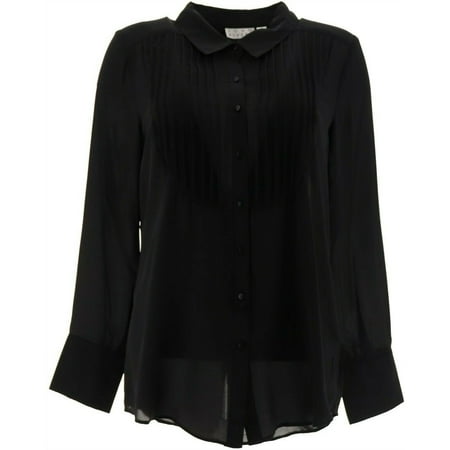 Joan Rivers Tuxedo Button Front Long Slv Collar Blouse Pleat Black S ...