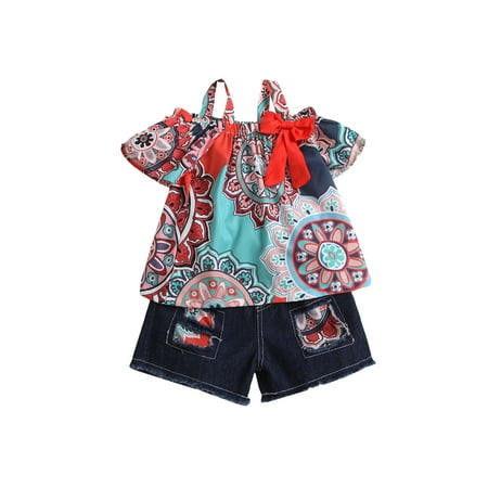 

SUNSIOM Girl Vintage Printing Boat Neck Short Sleeve T-Shirt+Ripped Denim Shorts