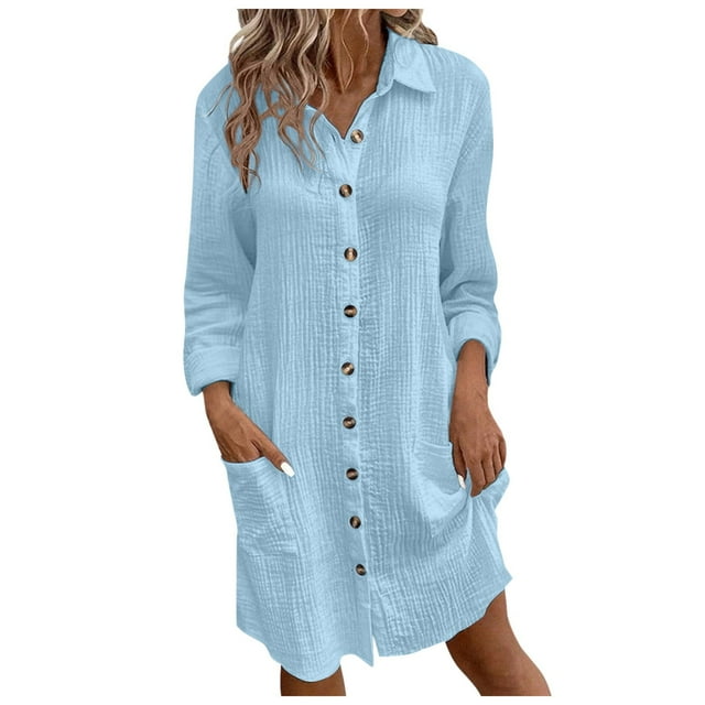 XDZJLR Women's Dresses Comfortable New Solid Color Button Mid Length Long Sleeve Loose Shirt Dress