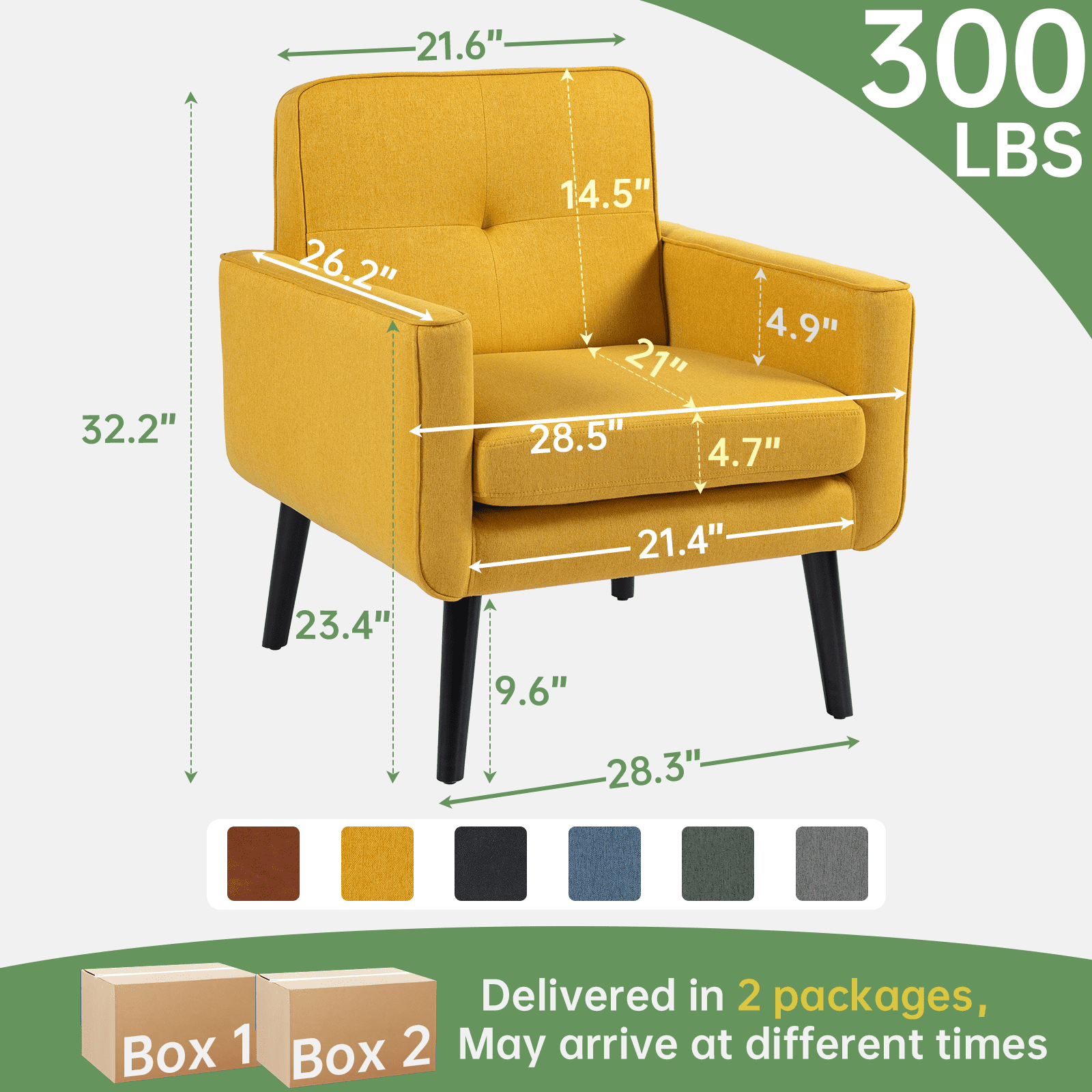 Mid-Century Modern Accent Chairs Set of 2 Upholstered Fabric Armchairs with Button Tufted Back and Solid Wood Legs, Cozy Side Chairs for Living Room, Bedroom, Office, or Cafe (Yellow)
