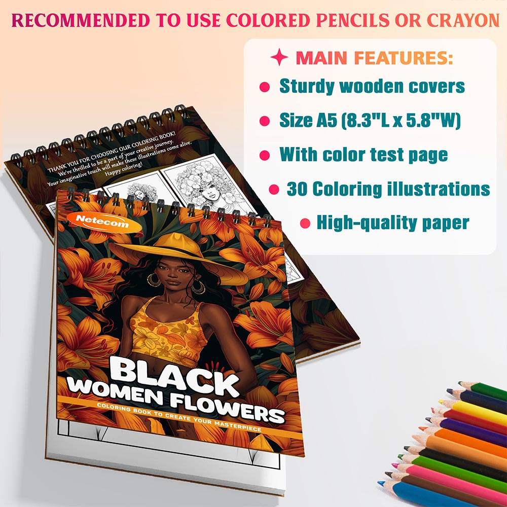 Netecom Black Women Flowers Coloring Book Spiral Bound For Adults, A5 Wooden Cover, 30 Elegant Coloring Pages in Beautiful Floral Portraits for Stress Relief and Relaxation