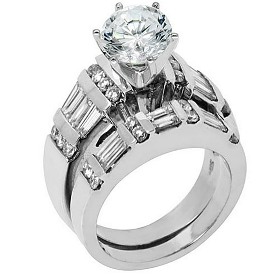 14k White Gold 2.95 Carats Round & Baguette Diamond Engagement Ring Bridal Set