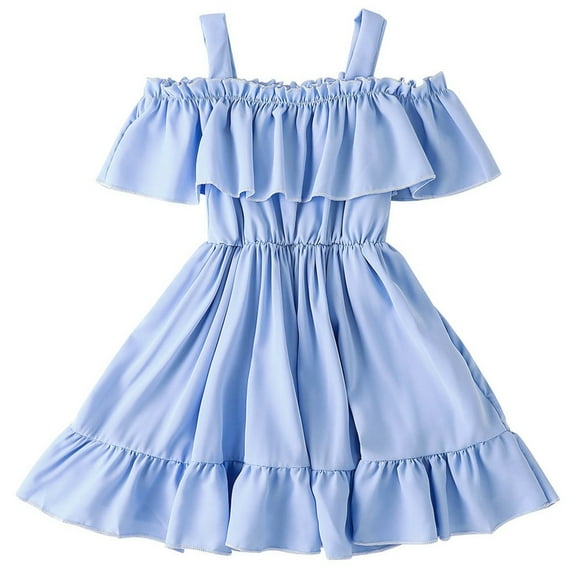 XXWXYD Girls One Shoulder Pleated Dress European Summer Style Solid Color Swing Hem Dress Lightweight Chiffon Off-Shoulder Fashion Outfit