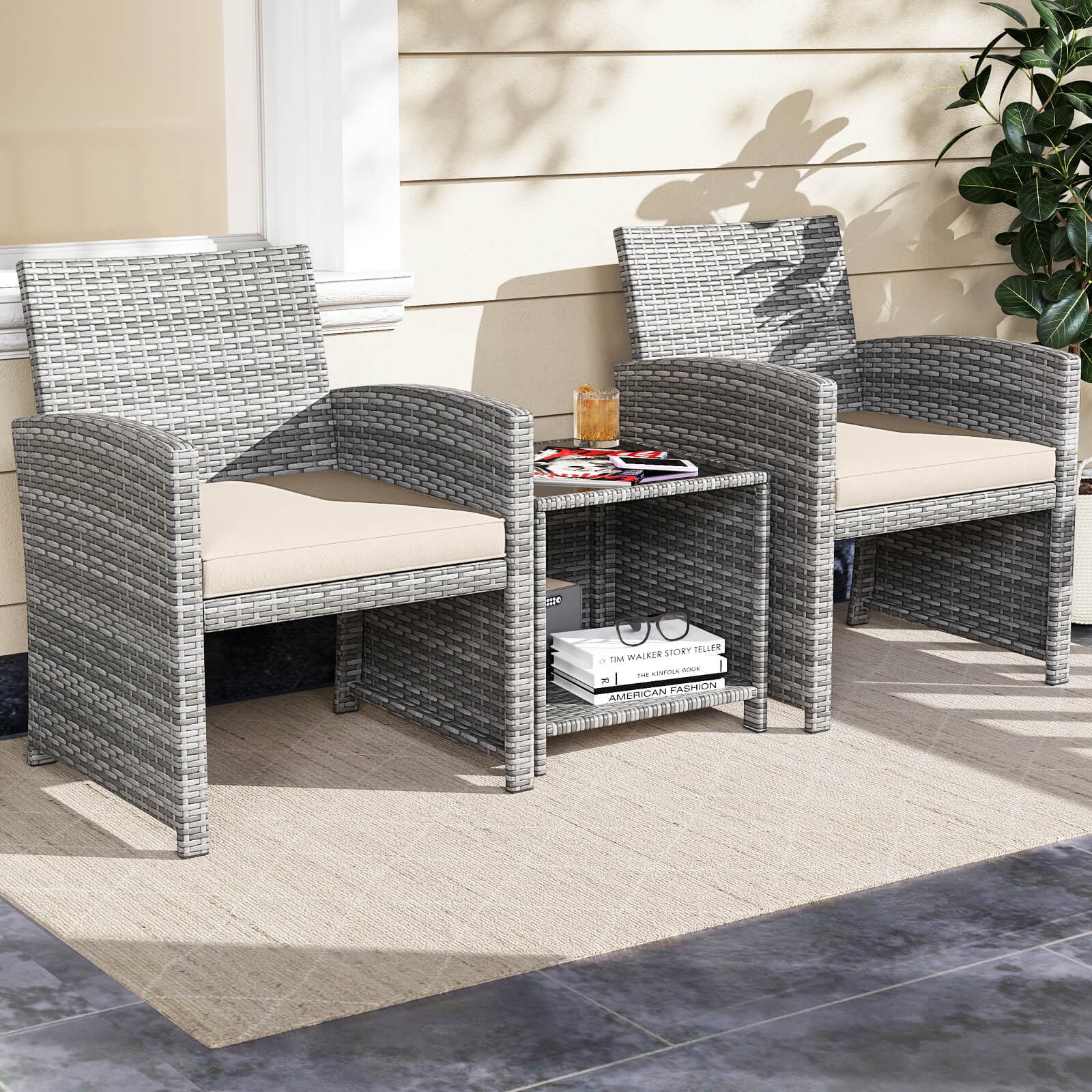 Costway 3 PCS Patio Furniture Set with Tempered Glass Coffee Table & Soft Seat Cushions White