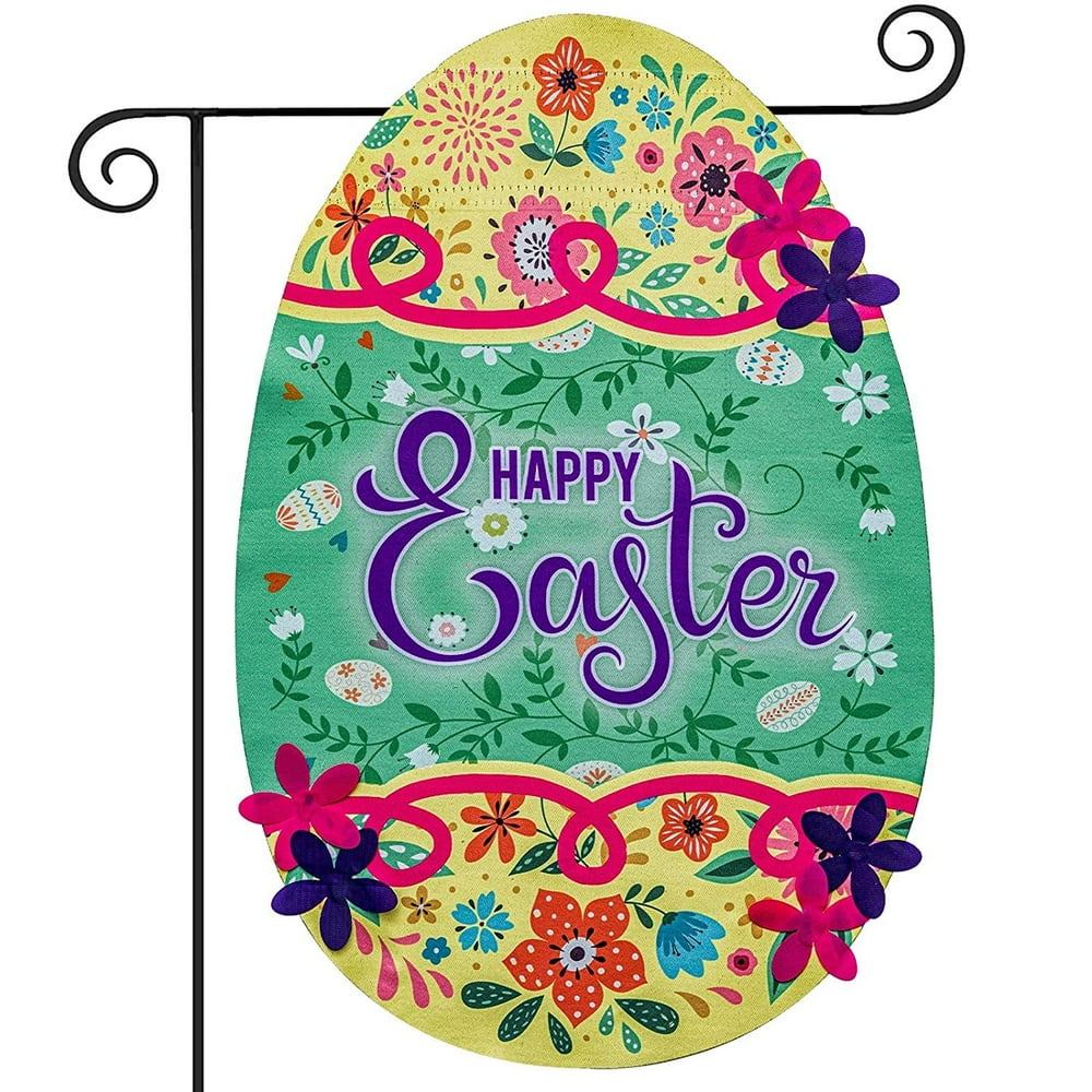 Happy Easter Garden Flag, Egg Shape Double Sided Yard Flag with Flowers