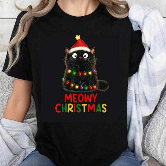 100% Cotton Meowy Christmas Cat With Lights And Santa Hat Funny Holiday T-Shirt For Women Men Christmas Gift