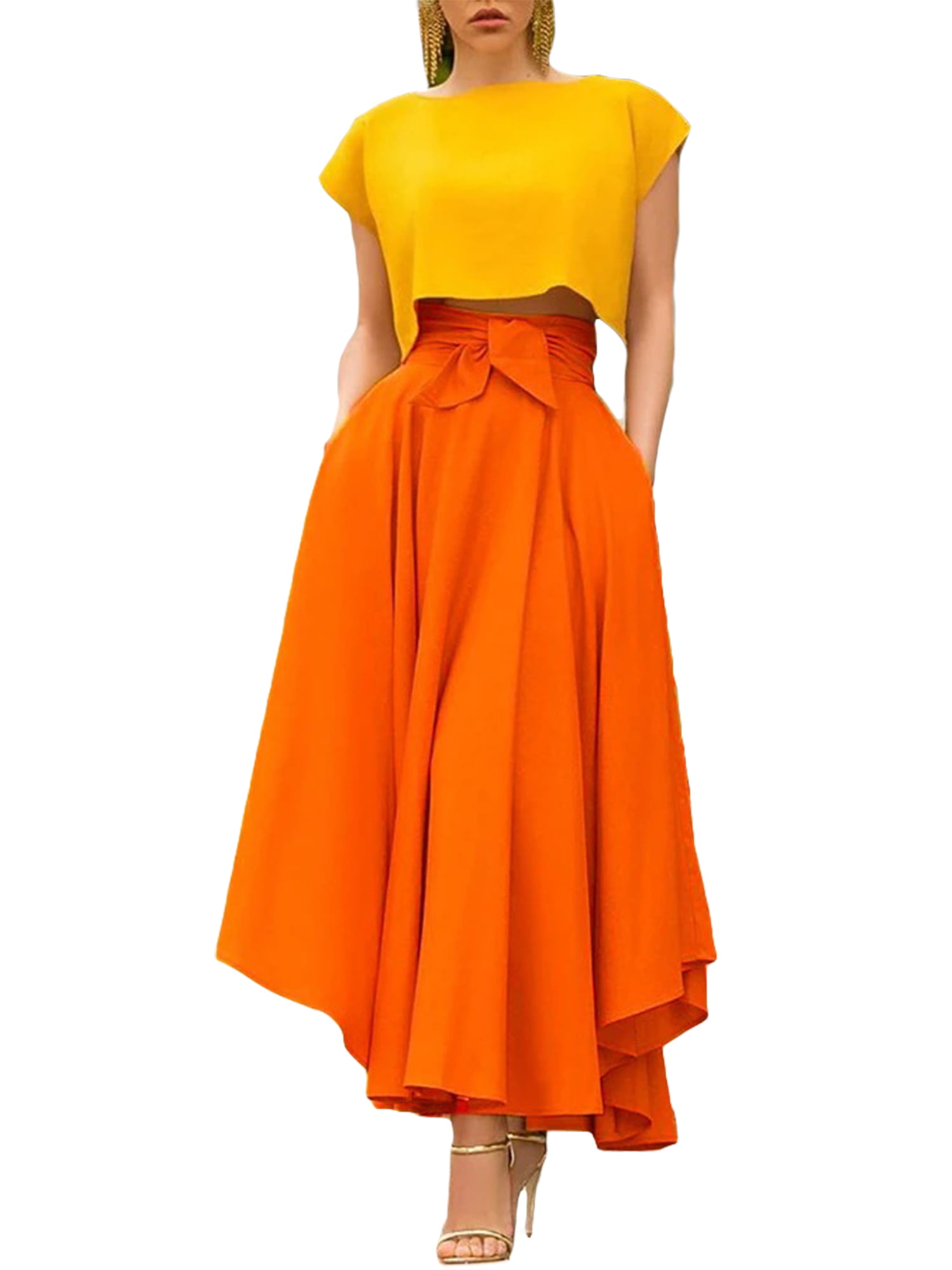 Women/'s Full Skirt Elastic High Waist 3 Pleated Sweet Solid Maxi Dress Haihk