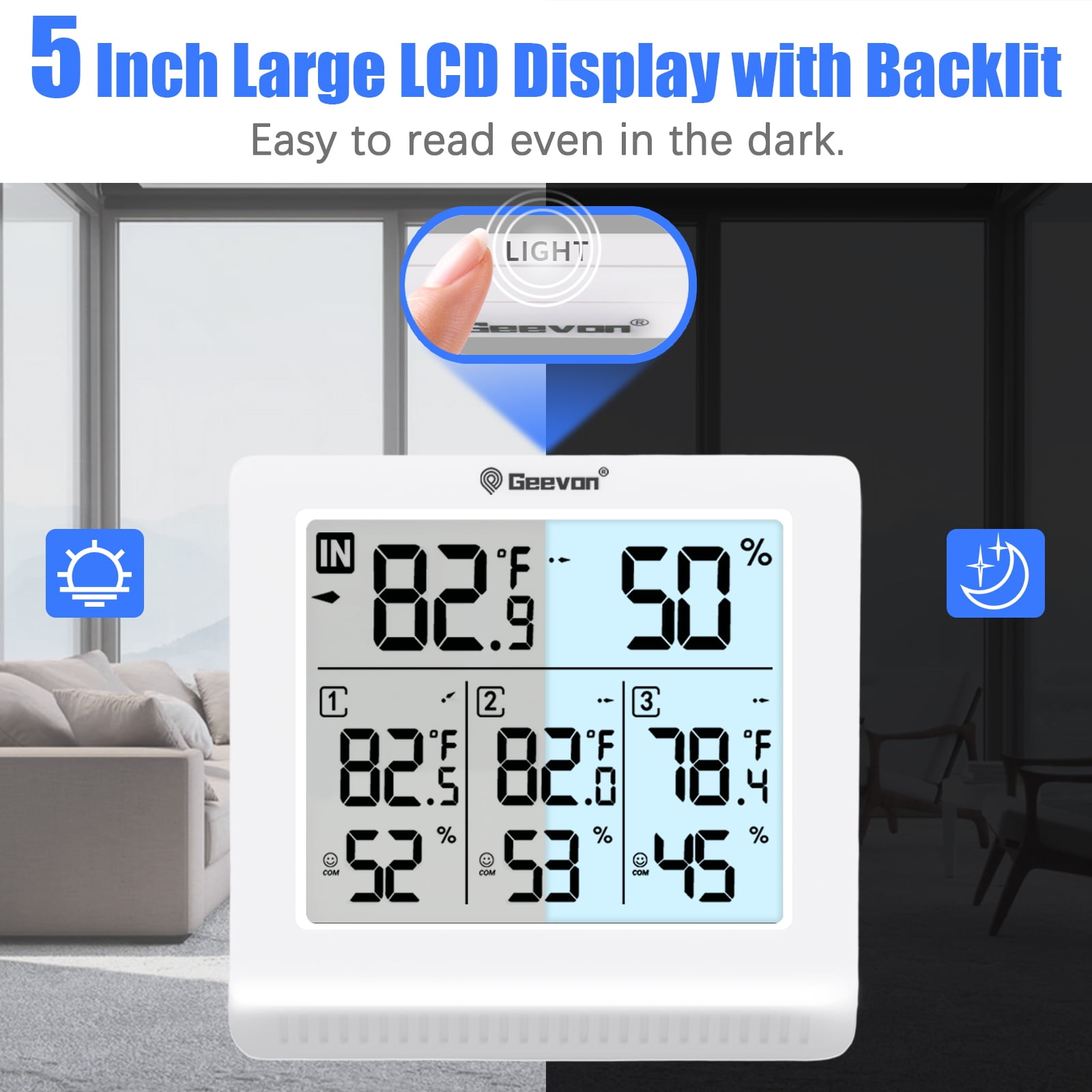 Geevon Indoor Outdoor Thermometer Wireless with 3 Remote Sensors, Wireless Thermohygrometer, Digital Temperature Humidity Meter with Backlight, 200FT/60M Transmission
