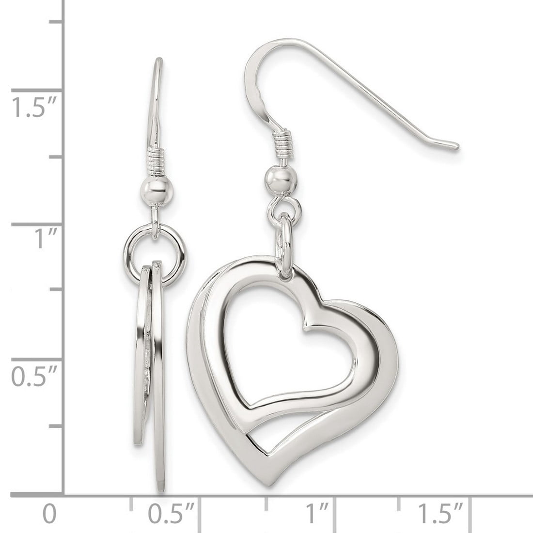 925 Sterling Silver Polished Two Piece Open Love Heart Shepherd Hook Earrings 41.5x21.1mm Wide Stud Earring for Women
