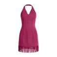 thumbnail image 5 of VBVC Women's Faux Suede Halter Neck Mini Dress , Ladies' V-Neck Fringe Hem Western Dress , Festival Party Bodycon Dresses For Women,Hot Pink,S-2XL, 5 of 9