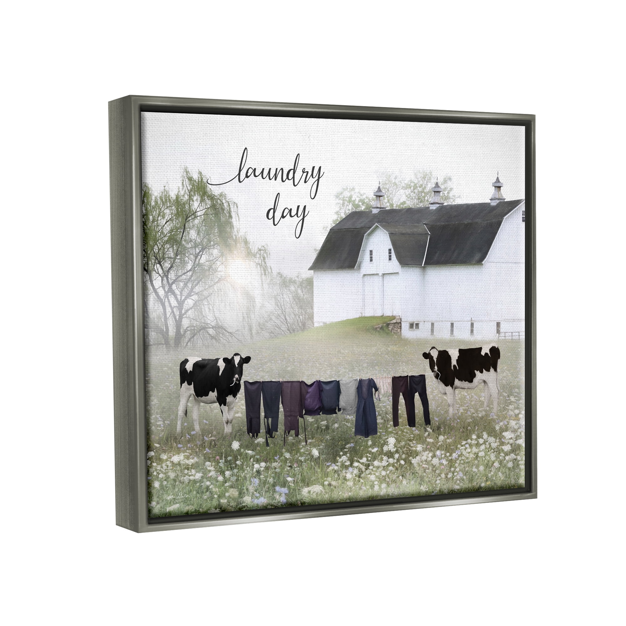 Stupell Laundry Day Rural Cows Meadow Nature Painting Gray Floater Framed Art Print Wall Art