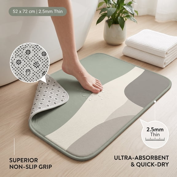 52 x 72 cm Rectangular Faux Diatomite Bath Mat, 2.5 mm Thin Ultra-Absorbent Quick-Dry Bathroom Floor Mat with Non-Slip Grip, Sage Green Abstract Rug for Shower, Bathtub, Sink and Vanity