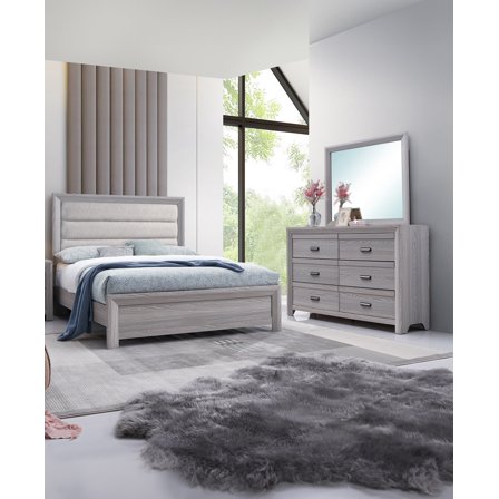 Contemporary Rustic 3Pc King Upholstered Bed Dresser Mirror Set