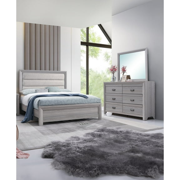 Contemporary Rustic 3Pc King Upholstered Bed Dresser Mirror Set