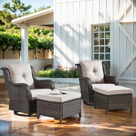 Gymojoy 4Pcs Outdoor Swivel Glider Wicker Patio Lounge Chair Conversation Set Patio Chairs Chat Set with Ottomans,Brown/Beige