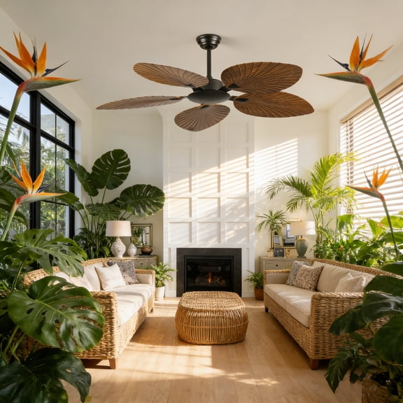 52″ Tropical Ceiling Fan without Light, Palm Leaf Blades, Antique Brown Indoor/Outdoor Fan with 6-Speed Remote, Reversible Motor