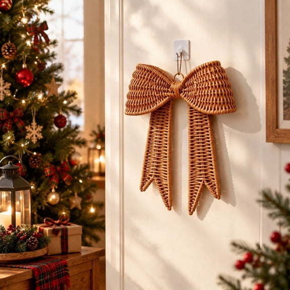 Clearance Christmas Woven Bow Wall Hanging, Rustic Wooden Style Bow Decoration for Door and Wall