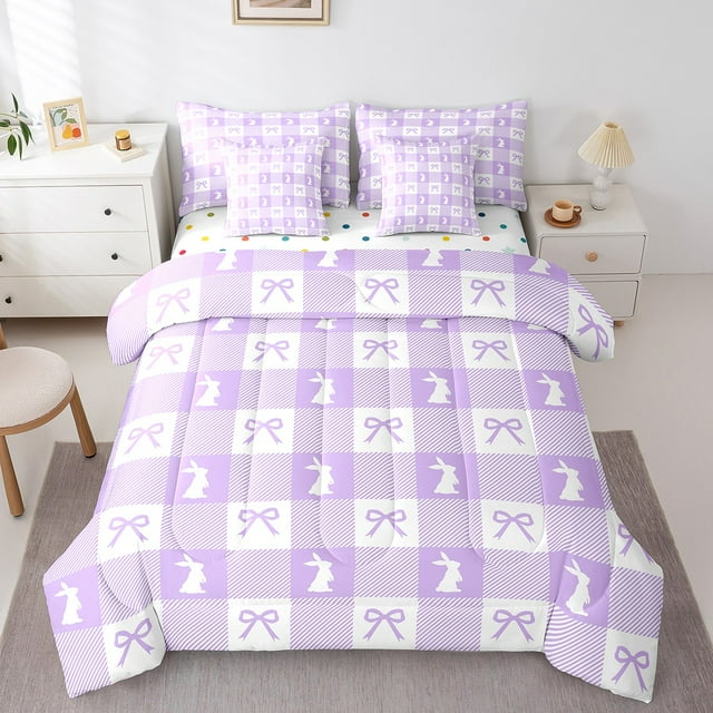Cute Rabbit Comforter Set Queen,Spring Easter Animal Princess Bowknot Bedding,Purple Geometric Plaids Kawaii Bow Patchwork Bed Set 7 Pieces(Comforter+Fitted+Flat Sheet+Pillowcase+Pillow Cover)