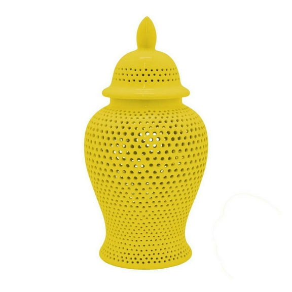 Benjara BM309705 25 in. Deni Carved Cutout Lattice Removable Lid Ginger Jar, Yellow