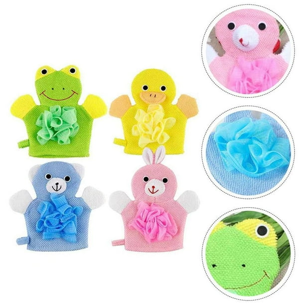 4 guantes de baño para bebés, guantes exfoliantes con dibujos animados, guantes de ducha para bebés y niños, guantes para fregar, guantes de baño para bebés