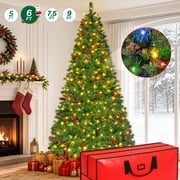 Firstness 6ft Pre-Lit Christmas Tree with Storage Bag, Artificial Xmas Tree with 975 Branch Tips and 11 Lighting Modes,Pine Cones and Red Berries