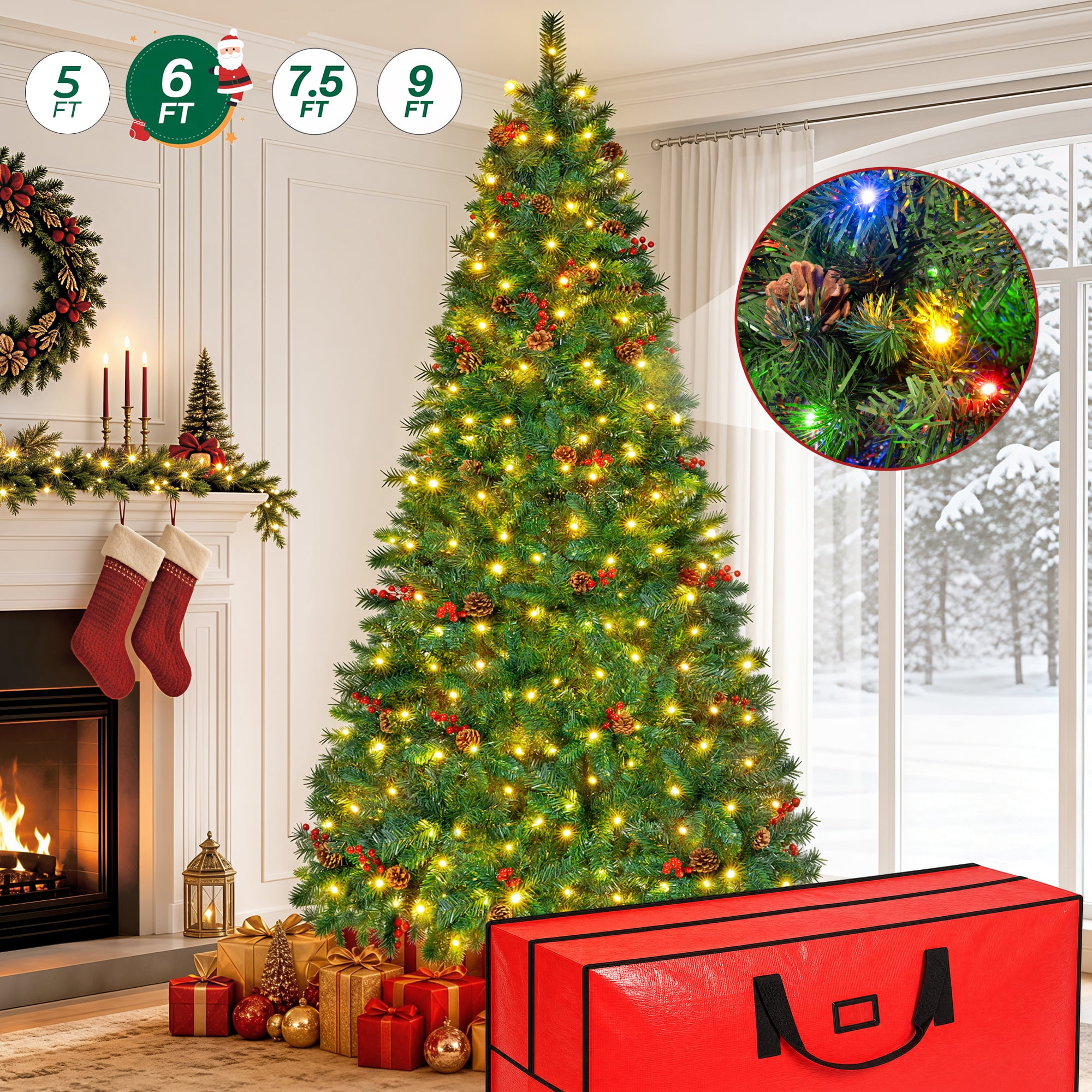 Firstness 6ft Pre-Lit Christmas Tree with Storage Bag, Artificial Xmas Tree with 975 Branch Tips and 11 Lighting Modes,Pine Cones and Red Berries