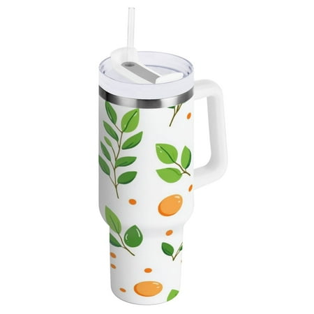 

Stainless Steel Tumbler with Straw and Handle Double Wall Insulated Tumblers Peach Fruit and Leafy