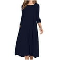 thumbnail image 2 of Utoimkio Women's 3/4 Sleeve Loose Cotton Linen Midi Dresses Fall Casual Baggy Loose Crewneck Long Dresses for Women, 2 of 9