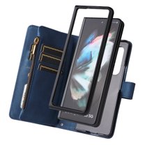 Dteck Samsung Galaxy Z Fold 3 5G Wallet Case with Removable Adjustable Crossbody Necklace Lanyard Shoulder Strap Wristlet Strap, 9 Card Slots with Zipper Pocket PU Leather Case, Blue