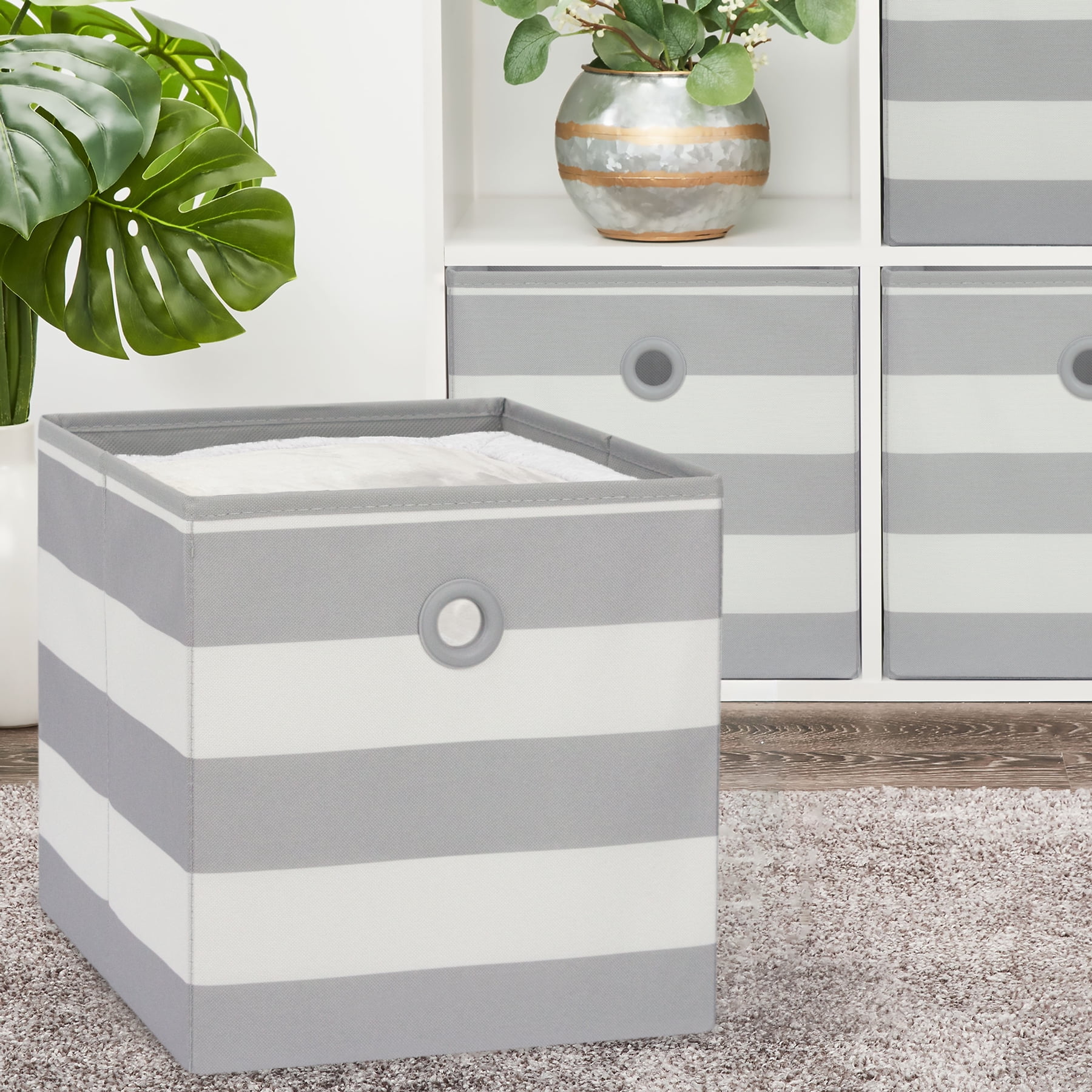 Your Zone Collapsible Fabric Storage Bin, Gray Stripe, 10.5 in x 10.5 in x 10.75 in