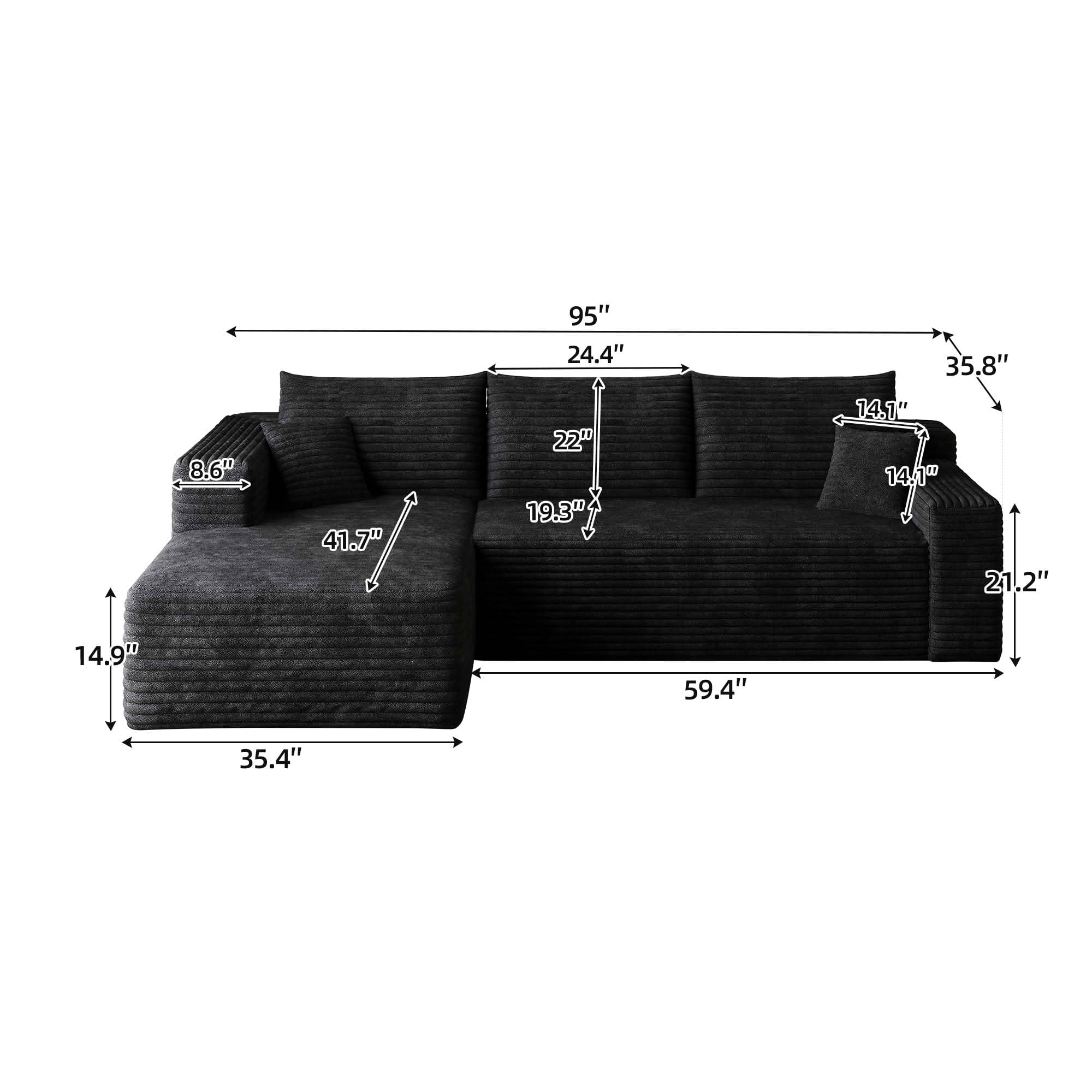 MAYEERTY 95 Inch L‑Shaped Cloud Sectional Sofa, Modern Minimalist Deep‑Seat Corner Couch, Plush Corduroy Upholstered Reversible Sofa, No‑Assembly Required for Living Room Bedroom Apartment