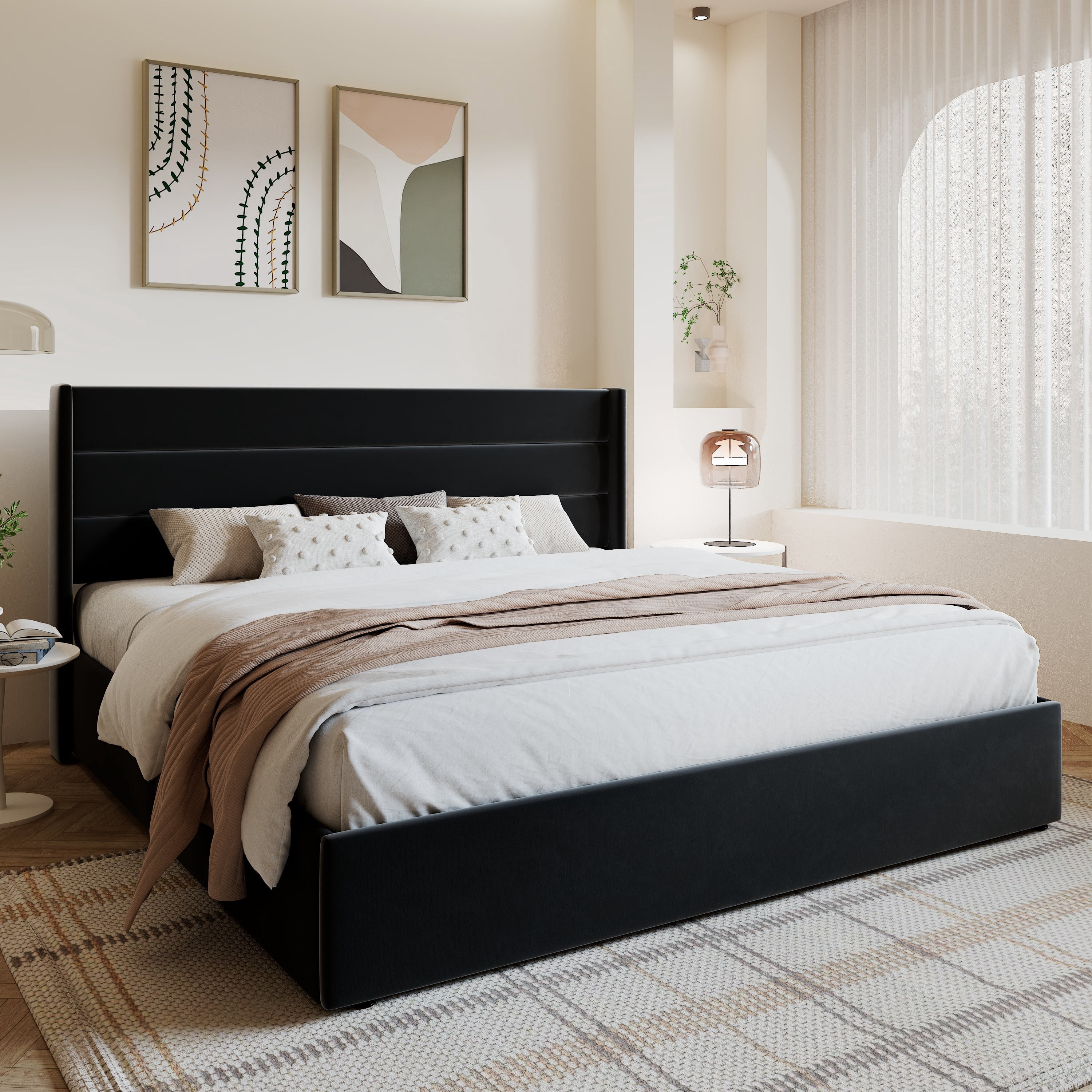 Amolife King Size Bed Frame, Velvet Lift Up Storage Platform Bed with Upholstered Panel Wingback Headboard, Black