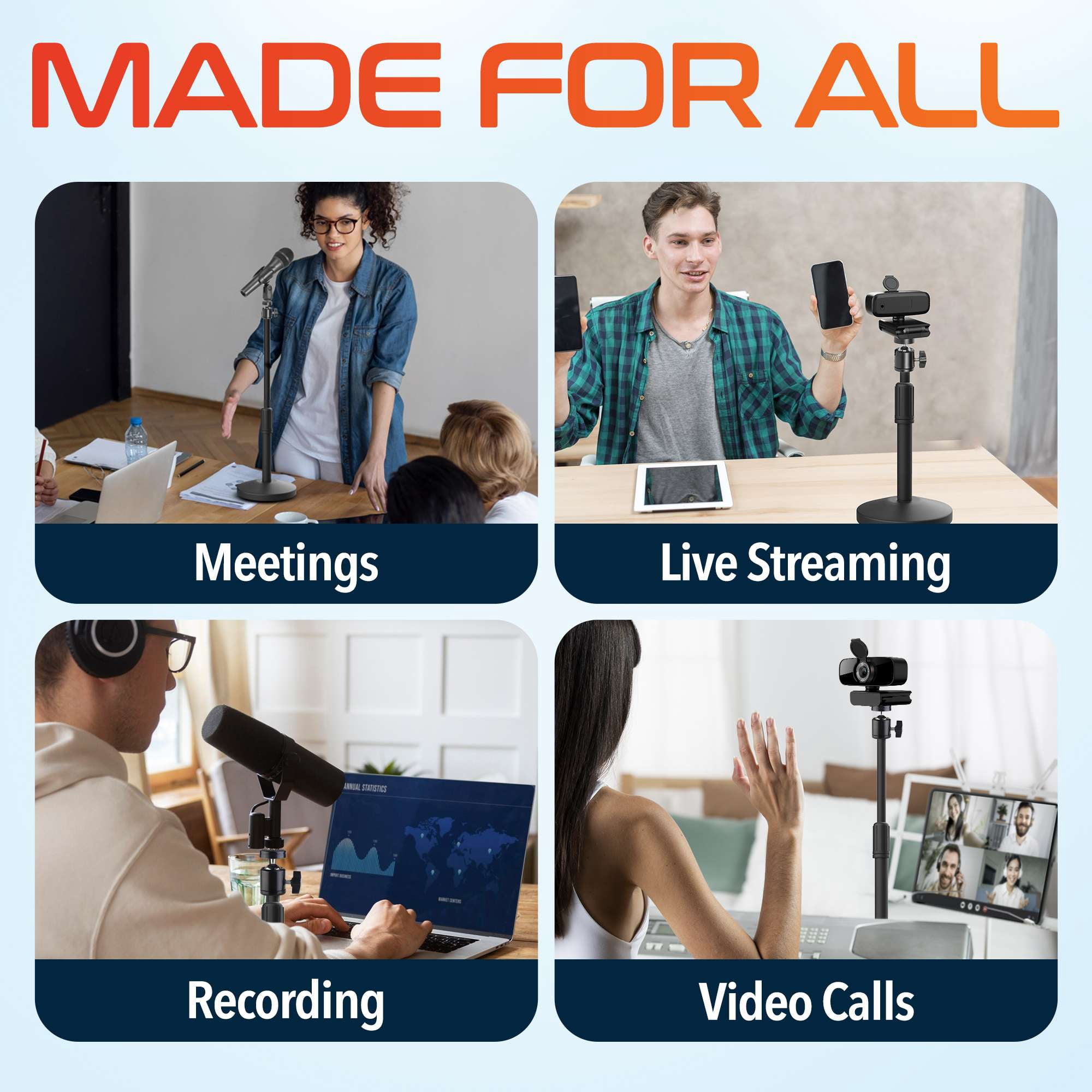 Delton T301 Webcam Stand, Camera Stand for Desk, Adjustable Height & 360Â° Swivel, Desktop Webcam Mount Tripod Holder for Live Streaming, Video Calling, Meetings, Recording, Black