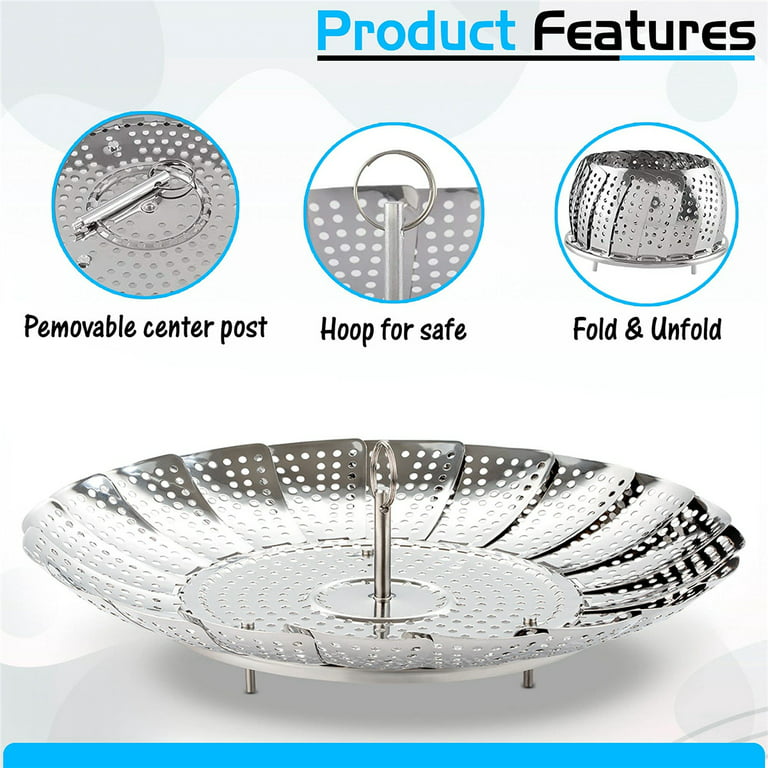 Stainless Steel Vegetable Steamer Basket for Cooking, Food Steamer Basket  with Removable Center Handle for Veggie Seafood Cooking, mobzio Folding