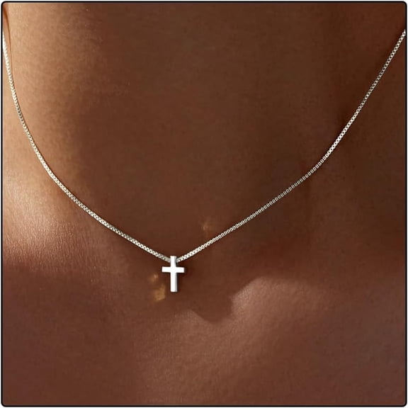 KGOJDYNFYSL Tiny Mini Cross Necklace, Silver Shiny Choker Pendant Box Chain for Women