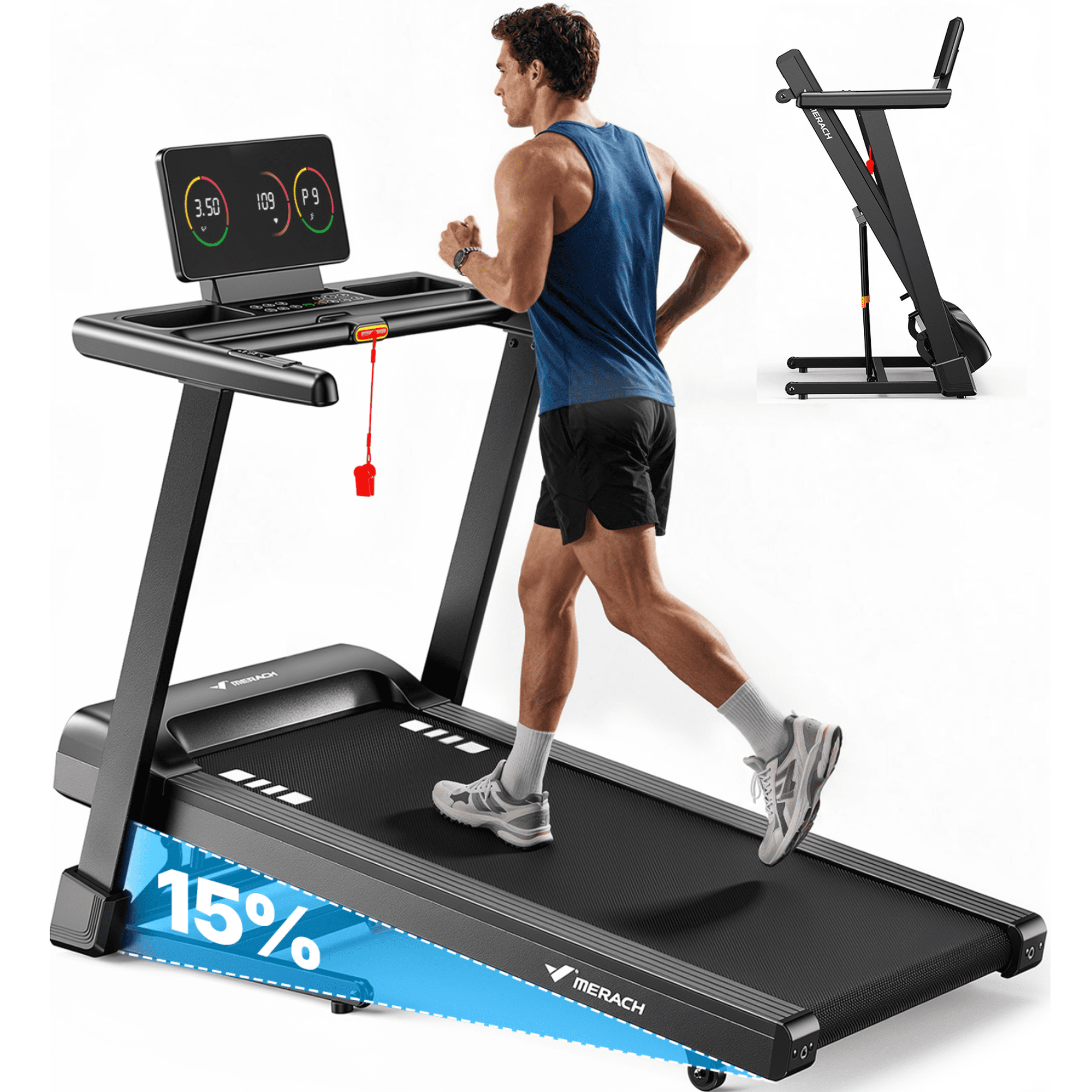 MERACH Treadmill with 15% Auto Incline, Foldable Treadmill for Home with 300lbs Capacity, 0.8-7.5MPH