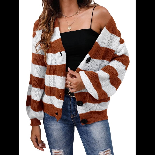 Cárdigan de Invierno A Rayas para Mujer, Larga, Botones, Frente Abierto, Punto Grueso, Abrigo Extragrande. Marrón L