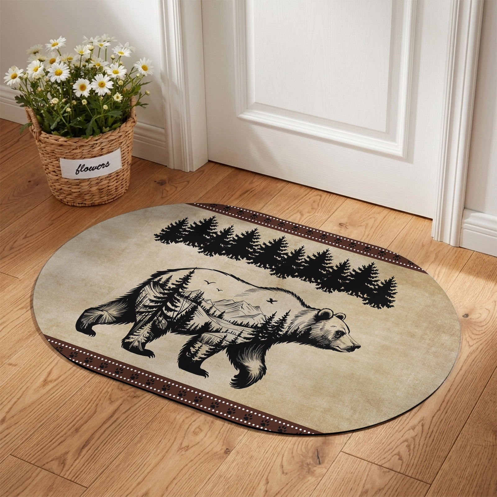 Front Door Mat Outside Entrance 18 x30 Brown Black Bear Absorbent Doormat Indoor Entrance with Non-Slip Backing Rubber Low-Profile Welcome Mat for Entryway Patio Farmhouse Cabin Forest Vintage