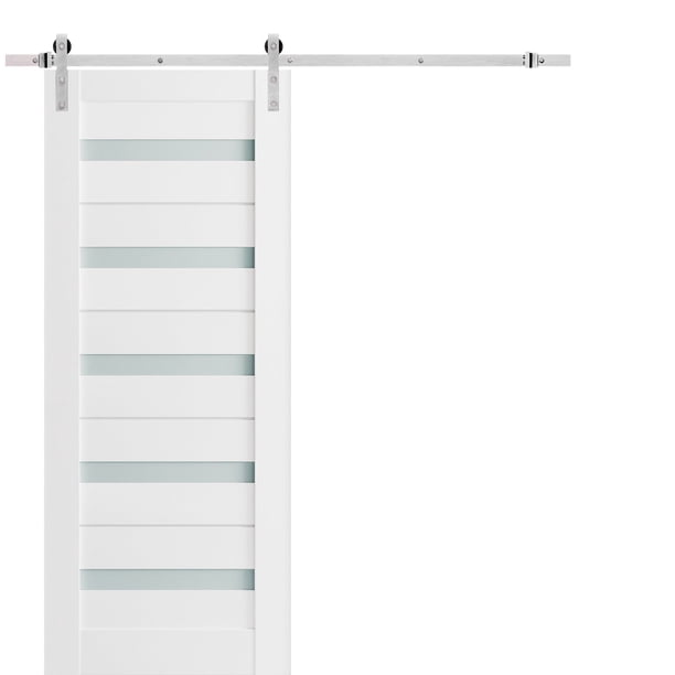 Sturdy Barn Door 42 x 80 inches Frosted Glass Quadro 4445 White Silk Top Mount Stainless