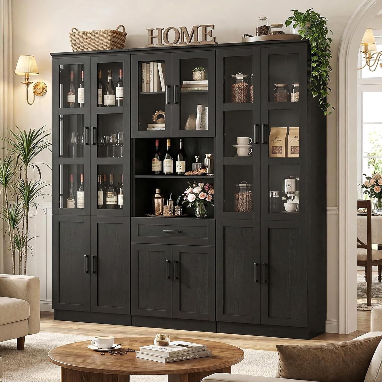 Homieasy 79.7'' Tall Pantry Cabinet 3-Piece Set - 70.8'' Width Kitchen Hutch Cabinet with Drawer and Adjustable Shelves, Suitable for Dining/Kitchen/Living Room, Black