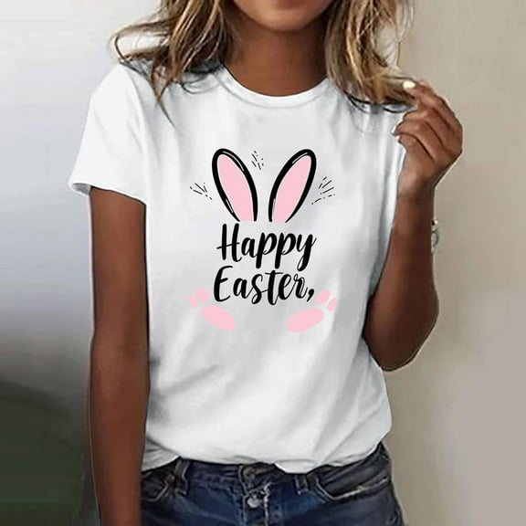 Inverlee Easter Tshirts for Women Funny Bunny Eggs Graphic Tees Trendy Short Sleeve T Shirts Blouses Summer Crewneck Dressy Casual Tops