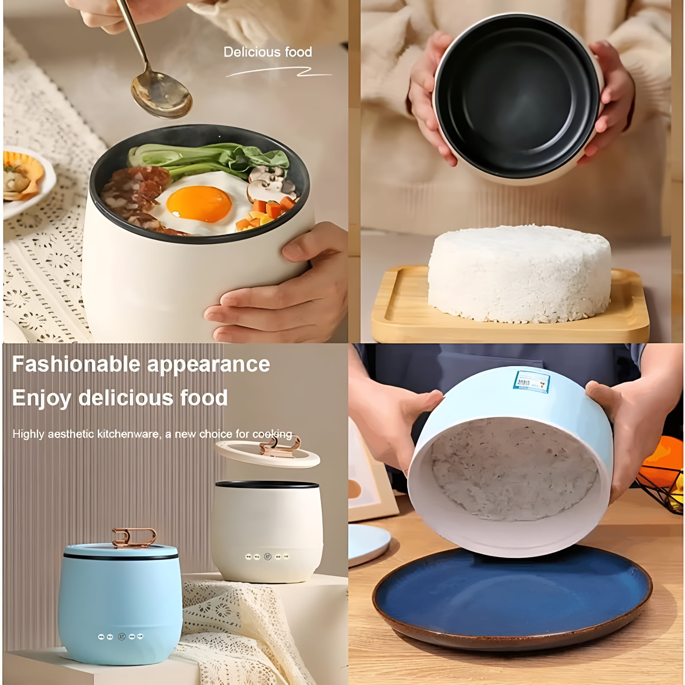 HIBIBUD Smart Mini Rice Cooker Multifunctional Electric Rice Cooker 6 in 1 Non Stick Ceramic Pot with Lid Mini Hot Pot Portable Mini Rice Cooker